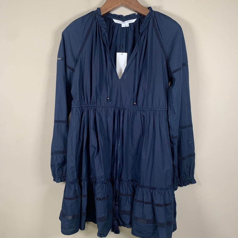 Veronica Beard NWT Danica Tiered Crochet Navy L/S Dress Size Small